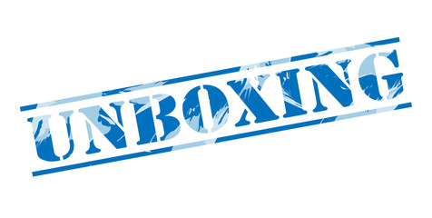 unboxing blue stamp on white background