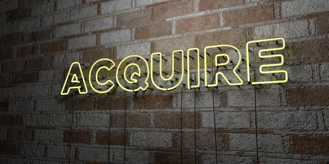 ACQUIRE - Glowing Neon Sign on stonework wall - 3D rendered royalty free stock illustration.  Can be used for online banner ads and direct mailers..