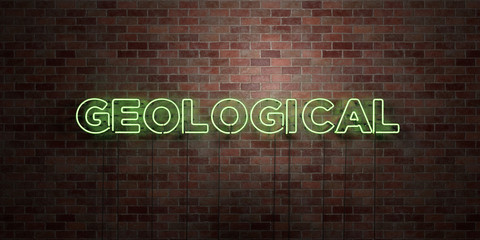 GEOLOGICAL - fluorescent Neon tube Sign on brickwork - Front view - 3D rendered royalty free stock picture. Can be used for online banner ads and direct mailers..