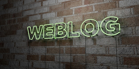 Fototapeta na wymiar WEBLOG - Glowing Neon Sign on stonework wall - 3D rendered royalty free stock illustration. Can be used for online banner ads and direct mailers..