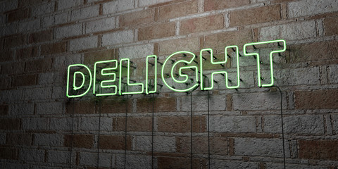 DELIGHT - Glowing Neon Sign on stonework wall - 3D rendered royalty free stock illustration.  Can be used for online banner ads and direct mailers..