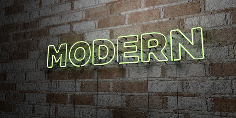 MODERN - Glowing Neon Sign on stonework wall - 3D rendered royalty free stock illustration.  Can be used for online banner ads and direct mailers..