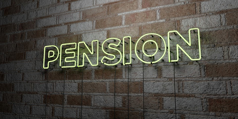 PENSION - Glowing Neon Sign on stonework wall - 3D rendered royalty free stock illustration.  Can be used for online banner ads and direct mailers..