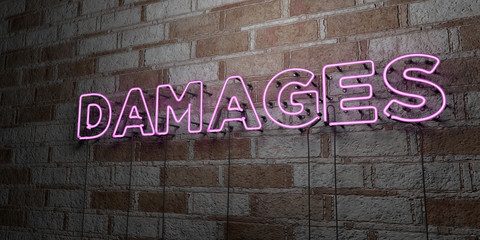 DAMAGES - Glowing Neon Sign on stonework wall - 3D rendered royalty free stock illustration.  Can be used for online banner ads and direct mailers..