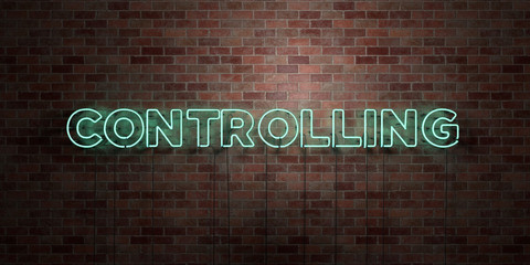 CONTROLLING - fluorescent Neon tube Sign on brickwork - Front view - 3D rendered royalty free stock picture. Can be used for online banner ads and direct mailers..