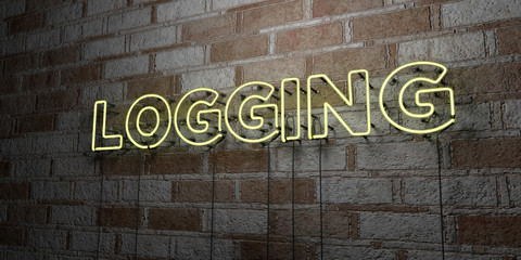 LOGGING - Glowing Neon Sign on stonework wall - 3D rendered royalty free stock illustration.  Can be used for online banner ads and direct mailers..