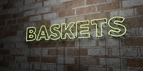BASKETS - Glowing Neon Sign on stonework wall - 3D rendered royalty free stock illustration.  Can be used for online banner ads and direct mailers..