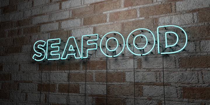 SEAFOOD - Glowing Neon Sign on stonework wall - 3D rendered royalty free stock illustration.  Can be used for online banner ads and direct mailers..