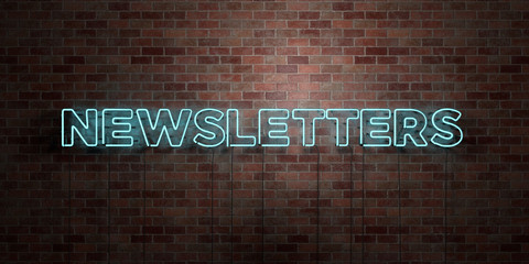 NEWSLETTERS - fluorescent Neon tube Sign on brickwork - Front view - 3D rendered royalty free stock picture. Can be used for online banner ads and direct mailers..