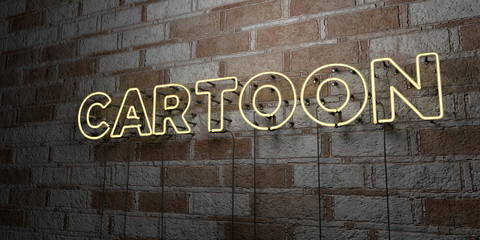 CARTOON - Glowing Neon Sign on stonework wall - 3D rendered royalty free stock illustration.  Can be used for online banner ads and direct mailers..