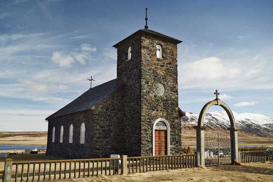 Thingeyrar church, an imposing and historic place of worship since the first settlements, Iceland