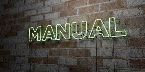 MANUAL - Glowing Neon Sign on stonework wall - 3D rendered royalty free stock illustration.  Can be used for online banner ads and direct mailers..