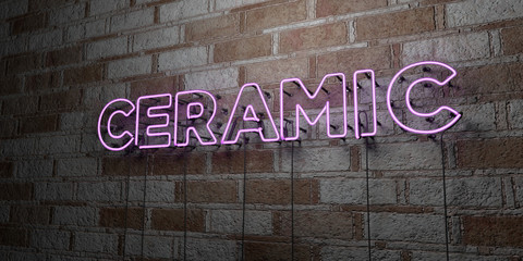 CERAMIC - Glowing Neon Sign on stonework wall - 3D rendered royalty free stock illustration.  Can be used for online banner ads and direct mailers..