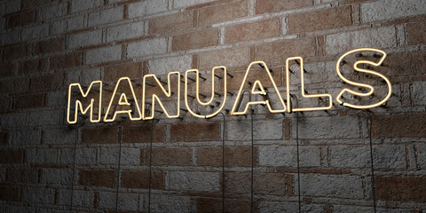 MANUALS - Glowing Neon Sign on stonework wall - 3D rendered royalty free stock illustration.  Can be used for online banner ads and direct mailers..