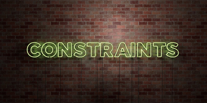 CONSTRAINTS - fluorescent Neon tube Sign on brickwork - Front view - 3D rendered royalty free stock picture. Can be used for online banner ads and direct mailers..