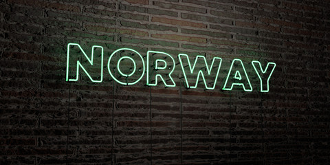 NORWAY -Realistic Neon Sign on Brick Wall background - 3D rendered royalty free stock image. Can be used for online banner ads and direct mailers..