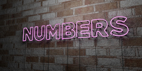 NUMBERS - Glowing Neon Sign on stonework wall - 3D rendered royalty free stock illustration.  Can be used for online banner ads and direct mailers..