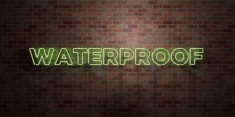 WATERPROOF - fluorescent Neon tube Sign on brickwork - Front view - 3D rendered royalty free stock picture. Can be used for online banner ads and direct mailers..