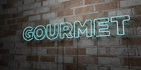 GOURMET - Glowing Neon Sign on stonework wall - 3D rendered royalty free stock illustration.  Can be used for online banner ads and direct mailers..