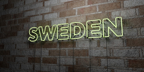SWEDEN - Glowing Neon Sign on stonework wall - 3D rendered royalty free stock illustration.  Can be used for online banner ads and direct mailers..