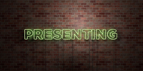 PRESENTING - fluorescent Neon tube Sign on brickwork - Front view - 3D rendered royalty free stock picture. Can be used for online banner ads and direct mailers..