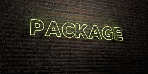 PACKAGE -Realistic Neon Sign on Brick Wall background - 3D rendered royalty free stock image. Can be used for online banner ads and direct mailers..