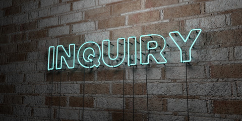 INQUIRY - Glowing Neon Sign on stonework wall - 3D rendered royalty free stock illustration.  Can be used for online banner ads and direct mailers.. - obrazy, fototapety, plakaty