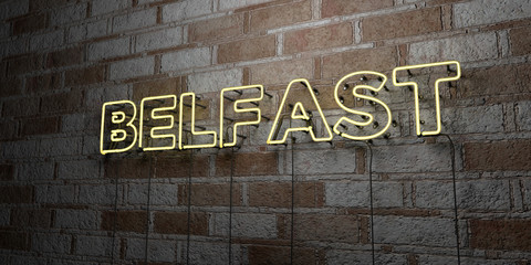 Fototapeta na wymiar BELFAST - Glowing Neon Sign on stonework wall - 3D rendered royalty free stock illustration. Can be used for online banner ads and direct mailers..