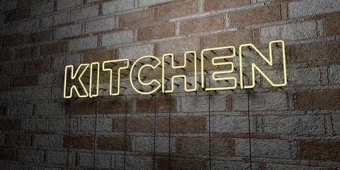 KITCHEN - Glowing Neon Sign on stonework wall - 3D rendered royalty free stock illustration.  Can be used for online banner ads and direct mailers..