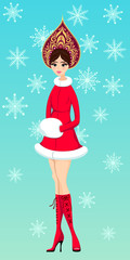 Girl in a winter red coat and a Russian crown. Russian winter Princess. The woman on the background of snowflakes. The national symbol of New Year. Vector illustration.