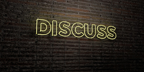 DISCUSS -Realistic Neon Sign on Brick Wall background - 3D rendered royalty free stock image. Can be used for online banner ads and direct mailers..