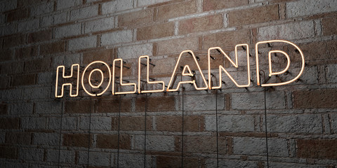 HOLLAND - Glowing Neon Sign on stonework wall - 3D rendered royalty free stock illustration.  Can be used for online banner ads and direct mailers..