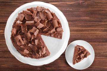 Delicious chocolate cake on plate