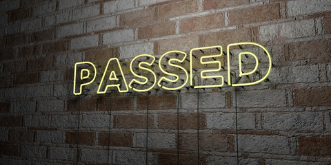 PASSED - Glowing Neon Sign on stonework wall - 3D rendered royalty free stock illustration.  Can be used for online banner ads and direct mailers..