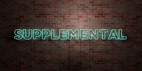 SUPPLEMENTAL - fluorescent Neon tube Sign on brickwork - Front view - 3D rendered royalty free stock picture. Can be used for online banner ads and direct mailers..
