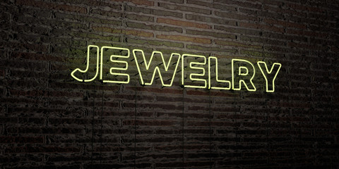 JEWELRY -Realistic Neon Sign on Brick Wall background - 3D rendered royalty free stock image. Can be used for online banner ads and direct mailers..