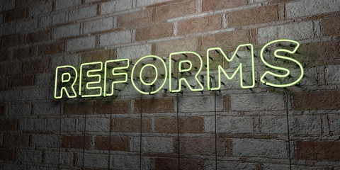 REFORMS - Glowing Neon Sign on stonework wall - 3D rendered royalty free stock illustration.  Can be used for online banner ads and direct mailers..