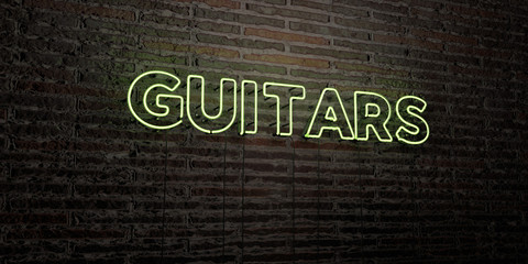 GUITARS -Realistic Neon Sign on Brick Wall background - 3D rendered royalty free stock image. Can be used for online banner ads and direct mailers..