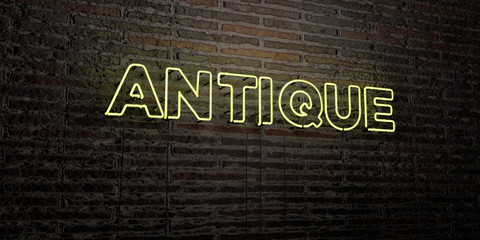 ANTIQUE -Realistic Neon Sign on Brick Wall background - 3D rendered royalty free stock image. Can be used for online banner ads and direct mailers..