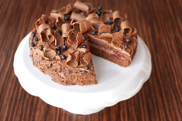 Delicious chocolate cake with blueberry, closeup