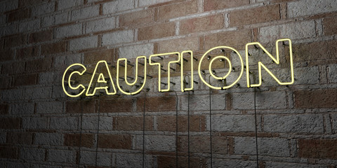CAUTION - Glowing Neon Sign on stonework wall - 3D rendered royalty free stock illustration.  Can be used for online banner ads and direct mailers..
