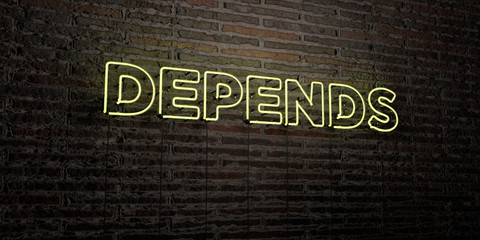 DEPENDS -Realistic Neon Sign on Brick Wall background - 3D rendered royalty free stock image. Can be used for online banner ads and direct mailers..