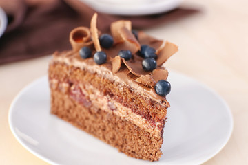 Delicious chocolate cake with blueberry on plate