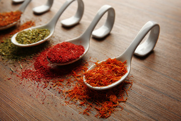 Spices in spoons on a wooden background