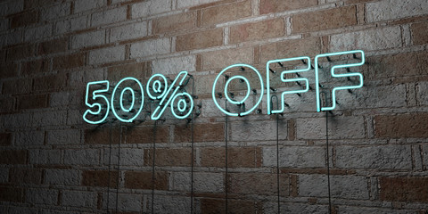 Fototapeta premium 50% OFF - Glowing Neon Sign on stonework wall - 3D rendered royalty free stock illustration. Can be used for online banner ads and direct mailers..