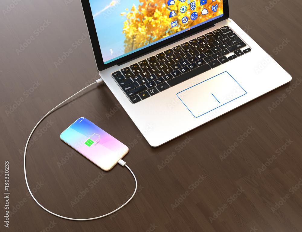 Aufkleber smartphone charging from laptop computer. 3d rendering image.