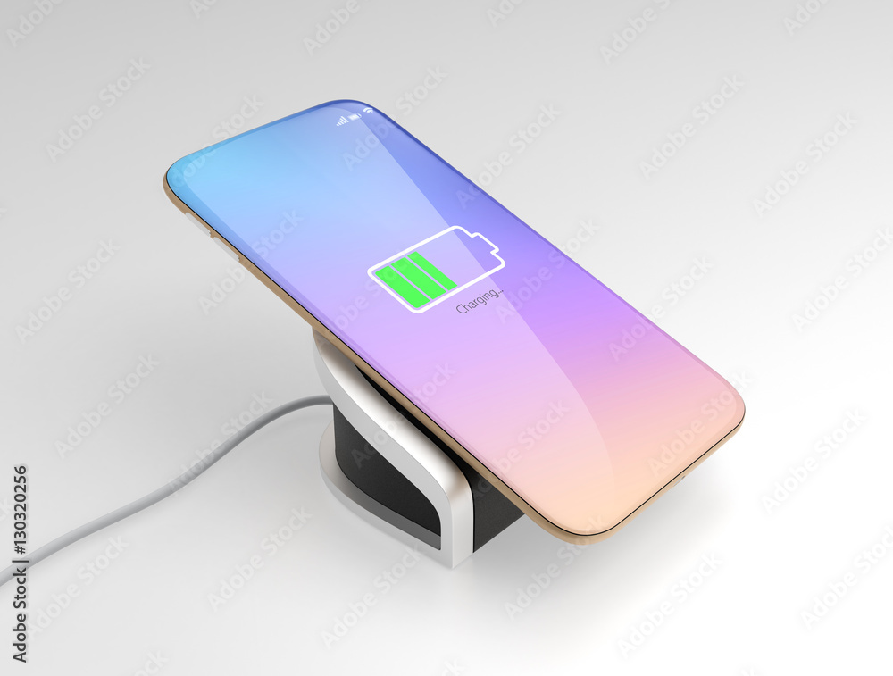 Aufkleber smart phone charging on wireless charger. 3d rendering image with clipping path.