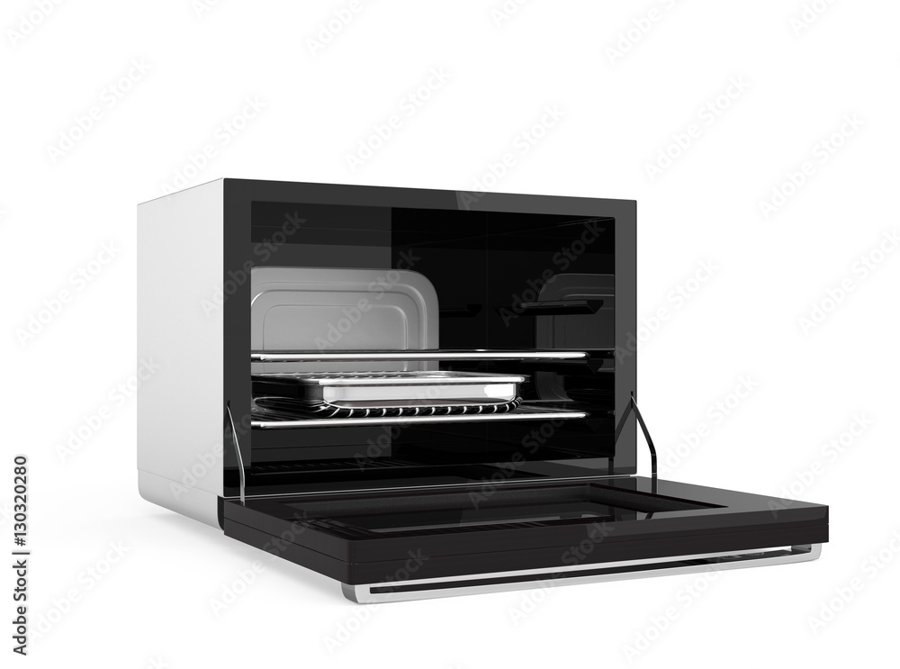 Aufkleber open microwave oven isolated on white background. 3d rendering image with clipping path.