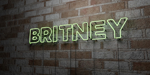 BRITNEY - Glowing Neon Sign on stonework wall - 3D rendered royalty free stock illustration.  Can be used for online banner ads and direct mailers..