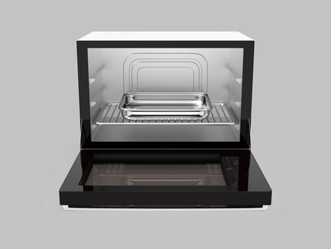 Front view of open microwave oven isolated on gray background. 3D rendering image with clipping path.